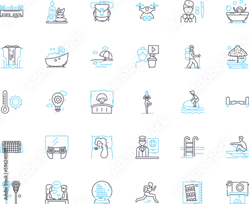 Adventure trip linear icons set. Hiking, Camping, Kayaking, Climbing, Rafting, Trekking, Biking line vector and concept signs. Wildlife,Scuba,Ziplining outline illustrations
