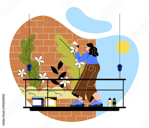 Mural painter concept. Woman stands on stairs and draws flowers on brick wall. Street and wall art. Creator young girl at work outdoor. Street creative artist. Cartoon flat vector illustration