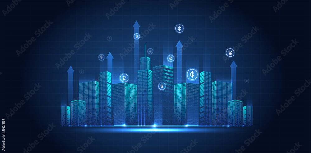 Obraz premium Smart city or network wireless with electric icons. graphic of buildings with digital technology element for website, mobile app. vector design.