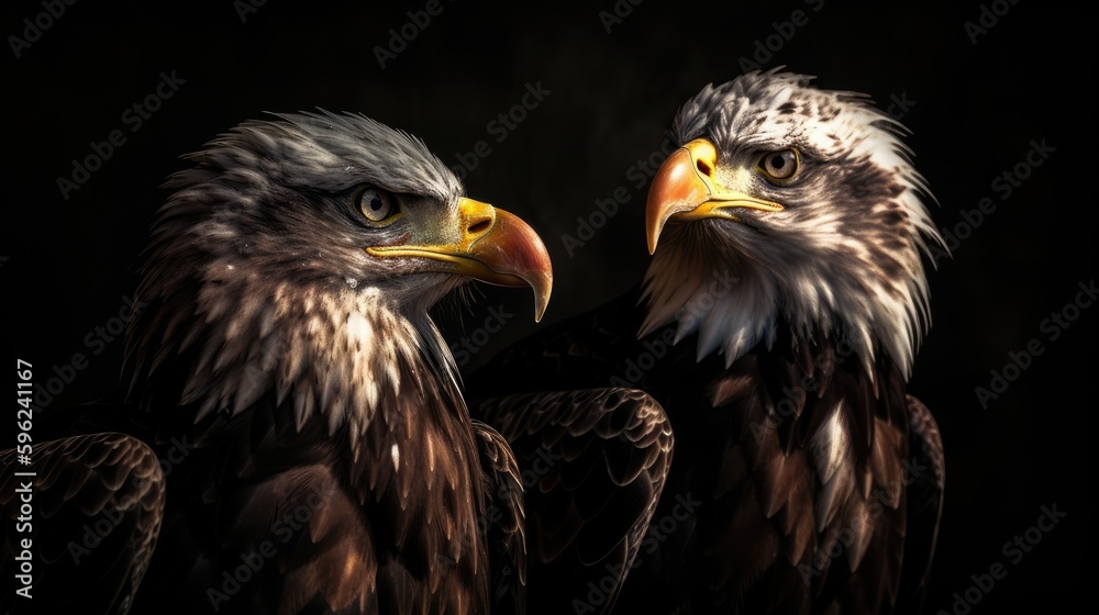 Fototapeta premium Closeup Portrait of Two Bald Eagles - Generative AI Illustration
