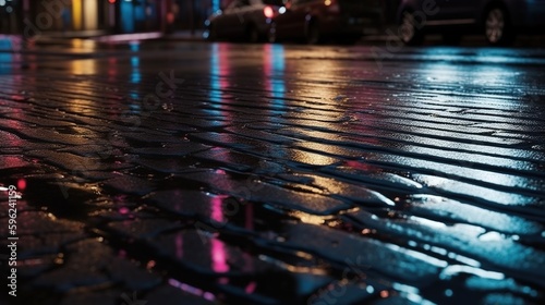 Urban Reflections of Neon Lights on Wet Asphalt Texture. Generative AI