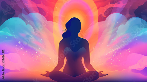 Energetic Aura Art Concept with vibrante colors. Representing a  woman silouette meditating with energetic waves emanating from her body.