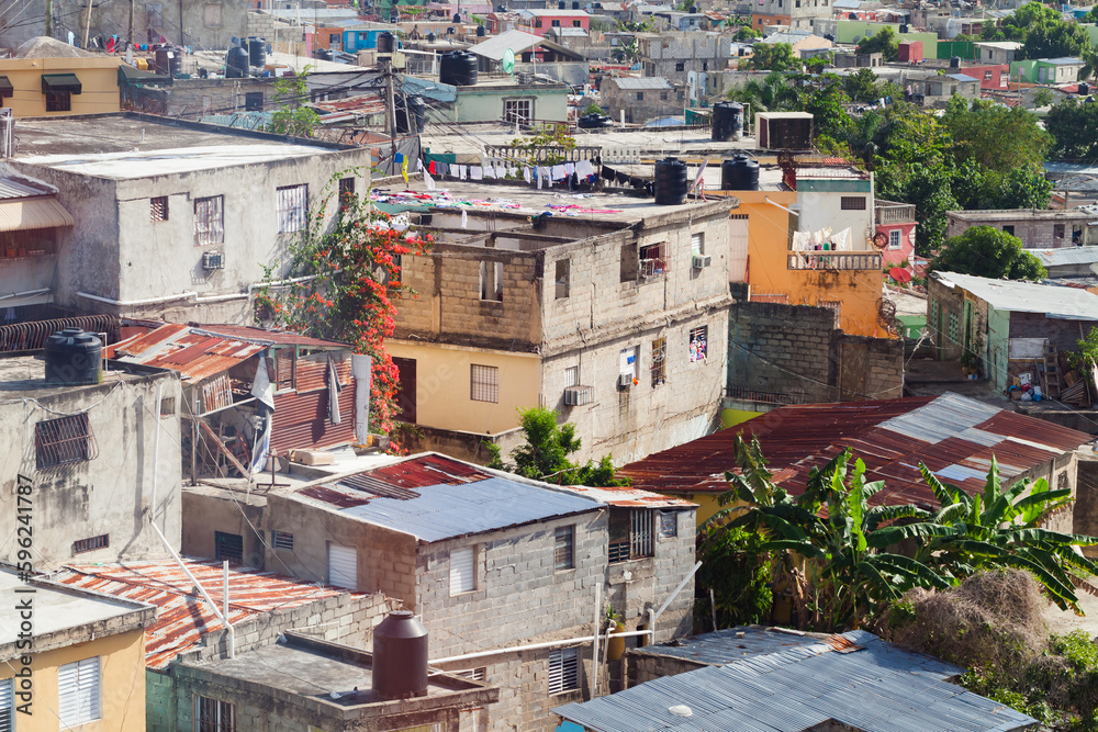 Poor residential district of Santo Domingo on a daytime, aerial view - obrazy, fototapety, plakaty 