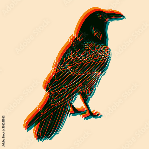 Raven. Colorful cute screen printing effect. Riso print effect. Vector illustration. Graphic element  for fabric, textile, clothing, wrapping paper, wallpaper, poster. 