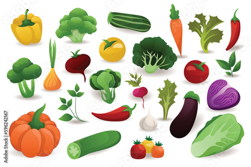 Concept Vegetable. A flat set of cartoon vegetable designs on a white background. Vector illustration.