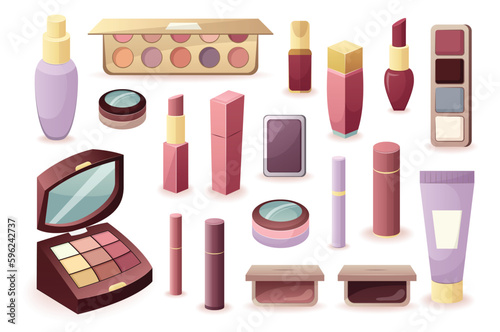 Concept Make up elements. A set of flat cartoon designs of makeup elements on a white background. Vector illustration.