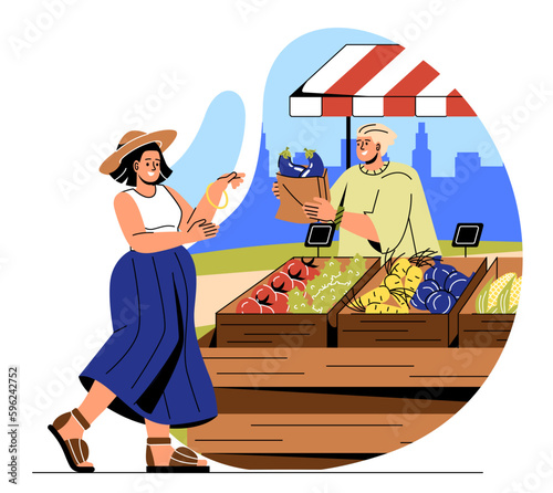 Shopping at local market. Woman buys fruits and vegetables from young guy. Natural and organic products, farming and agriculture. Support your local shop or store. Cartoon flat vector illustration photo