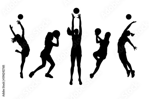 Set of silhouettes of netball sport