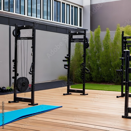 15 An outdoor workout area with exercise equipment, a yoga mat, and a water fountain1, Generative AI photo