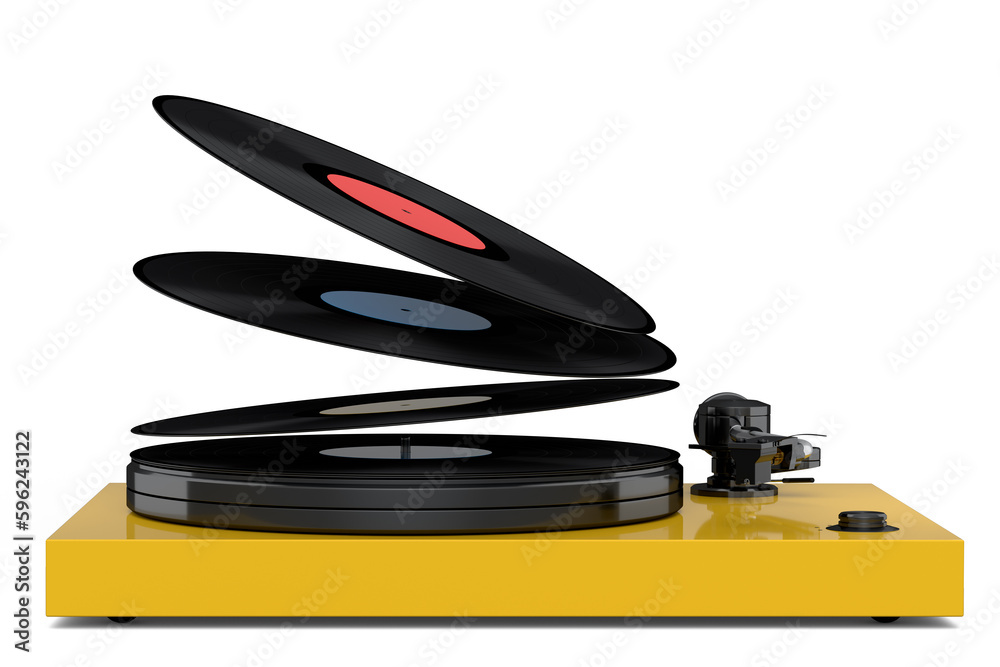 Vinyl record player or DJ turntable with flying vinyl plate on white  background. Stock Illustration | Adobe Stock