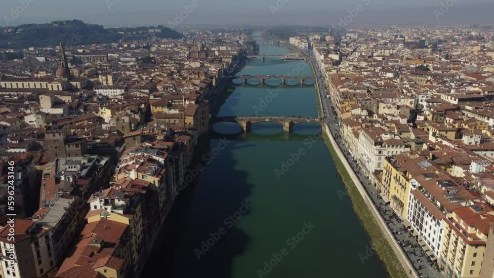 Aerial view of Ponte Vecchio bridge and Arno river in Florence. 