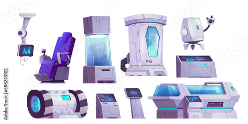 Futuristic cryogen capsule science laboratory isolated set. Cartoon lab equipment with robot on spaceship interior. Cryonics technology clipart on white background. Hibernation research and experiment