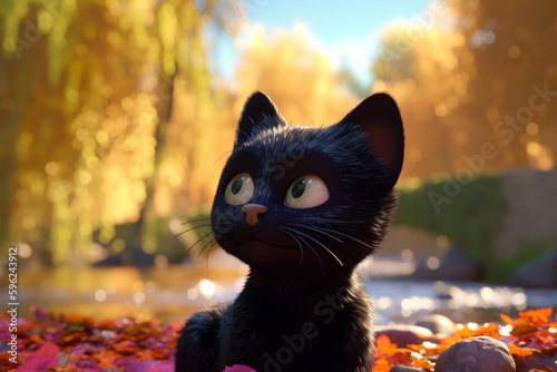 cute Pixar style black cat zoom out river background , Generative Ai