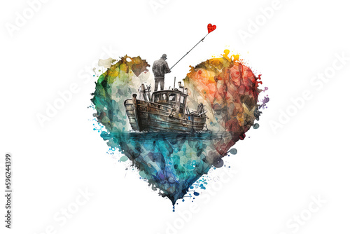 fishing boat with the sea in the shape of a heart drawn with watercolors isolated on a white background. AI generation