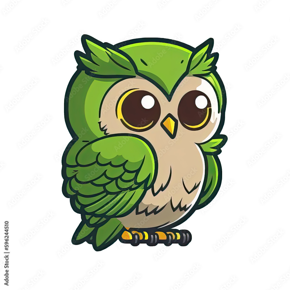 Fototapeta premium Cute cartoon owl character with transparent background, Green feathers, standing