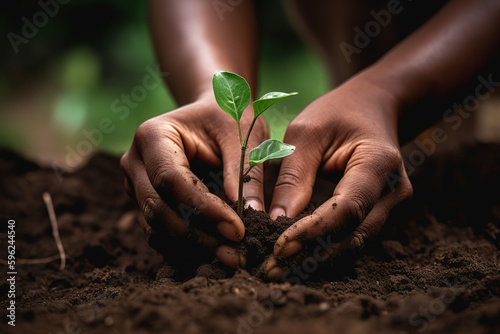 Hands of African American person planting trees. Reforestation. generate by ai