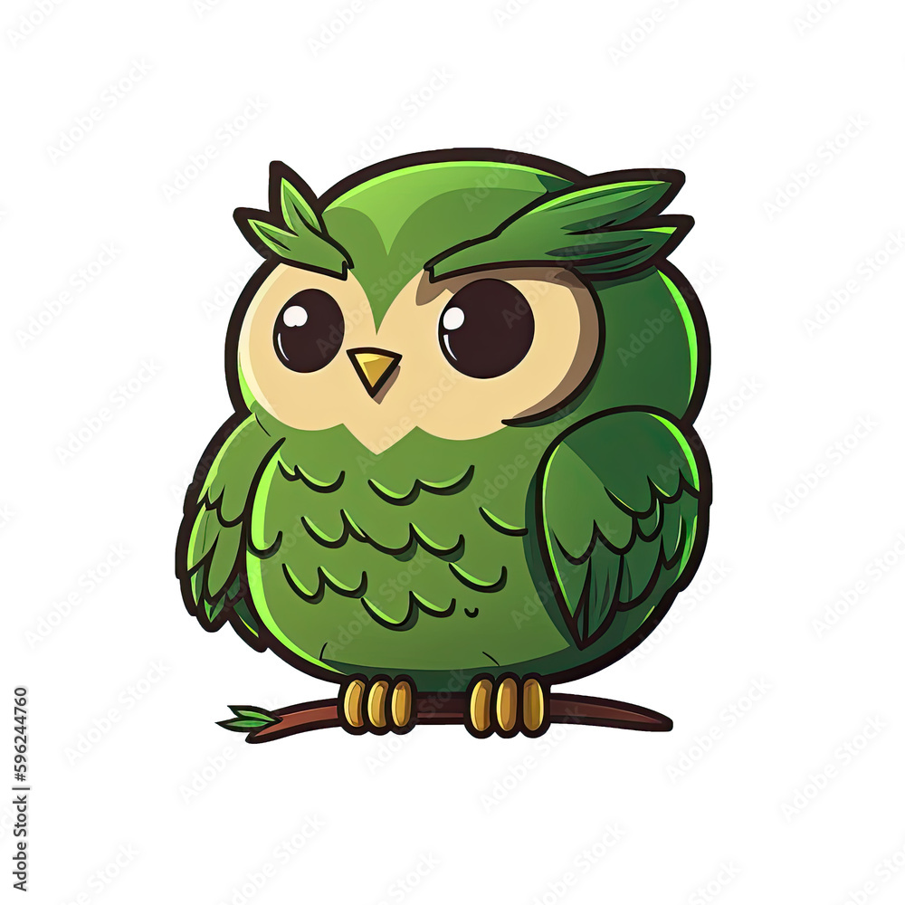 Fototapeta premium Cute cartoon owl character with transparent background, Green feathers, sitting on a branch