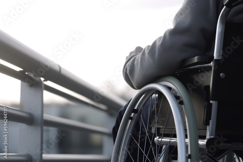 Wheelchair close up view. Disability, paralyzed person. generate by ai photo