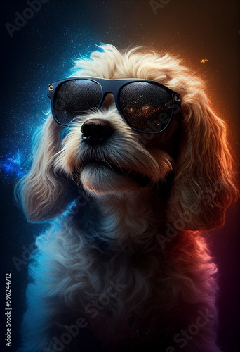 Portrait of a dog with glasses. The glass reflects the cosmos. AI genarated © StockMediaProduction