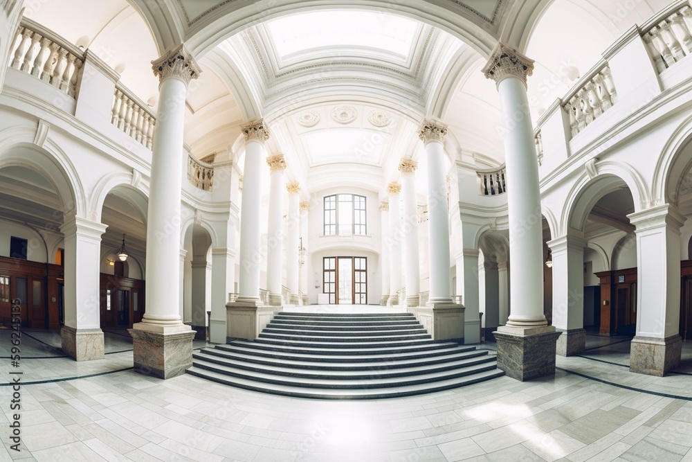 VR-ready panoramic view of a modern hall with columns, staircase, and panoramic windows, in equirectangular projection. Generative AI
