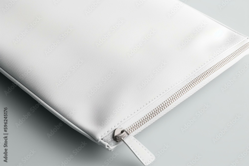 Mockup of a white zipper pouch laying flat isolated on a blank