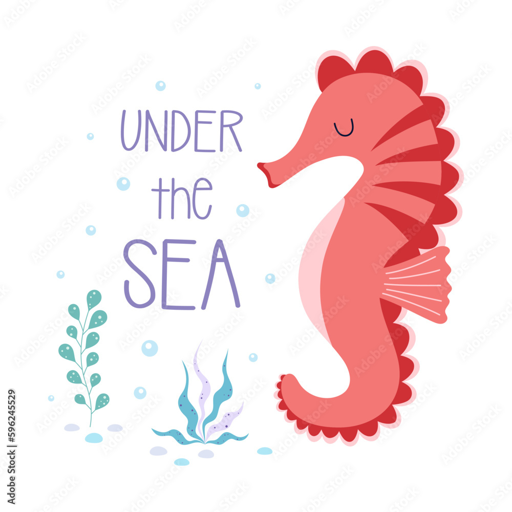 Obraz premium cute card with cartoon seahorse and seaweed