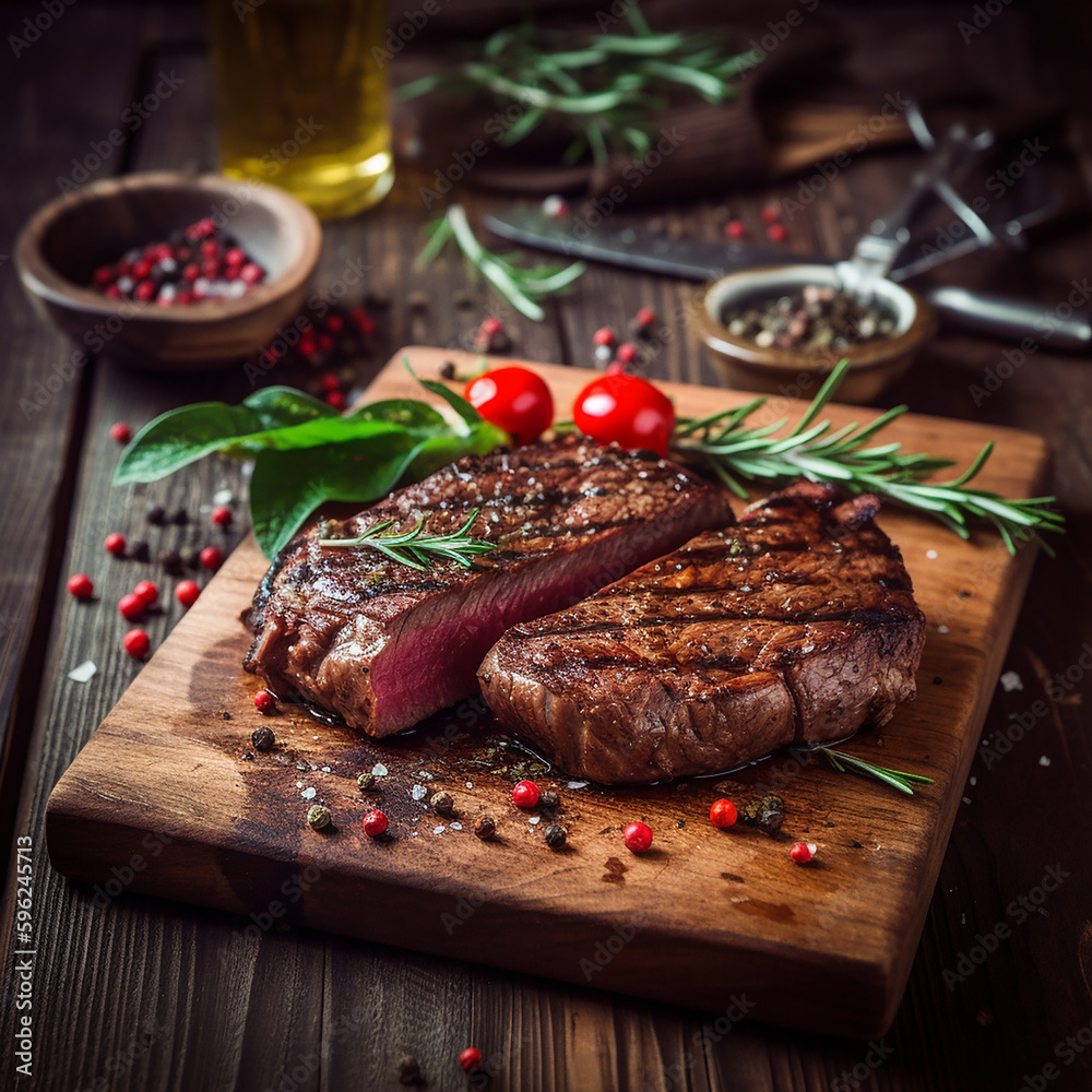 juicy grilled steak with herbs and spices on rustic cutting board. Barbecue High quality photo juicy grilled steak with herbs and spices on rustic cutting board. Barbecue High quality photo