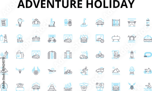 Adventure holiday linear icons set. Thrill, Explore, Adrenaline, Risk, Expedition, Safari, Trek vector symbols and line concept signs. Journey,Travel,Challenge illustration