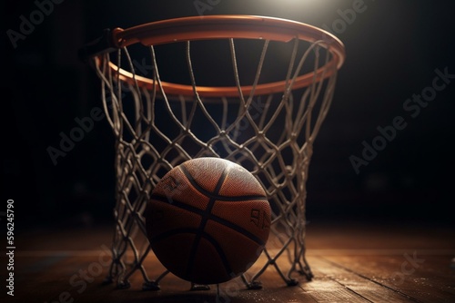 3D rendering of a basketball hoop with ball. Generative AI © Rosamund