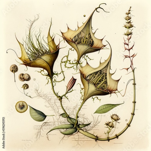 Botanical Illustration: Pen and Watercolor Depictions of Uncanny Carnivorous Plants and Bizarre Seed Pods in Natural Science, Inspired by Leonhart Fuchs and the Mysterious Voynich Manuscript - V4 photo