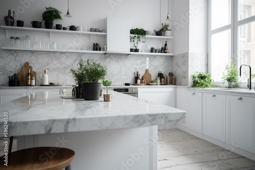 Blurred white kitchen with product space on marble. Generative AI