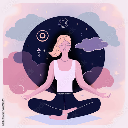 Peacefull and spiritual illustration of a woman meditating on a circle background. Art concept. photo