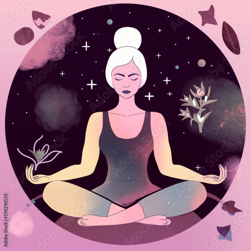 Peacefull and spiritual illustration of a woman meditating on a circle background. Art concept.