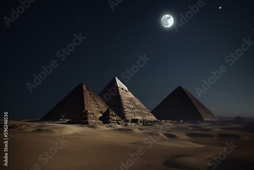 Pyramids under moonlight at Cairo desert. Generative AI