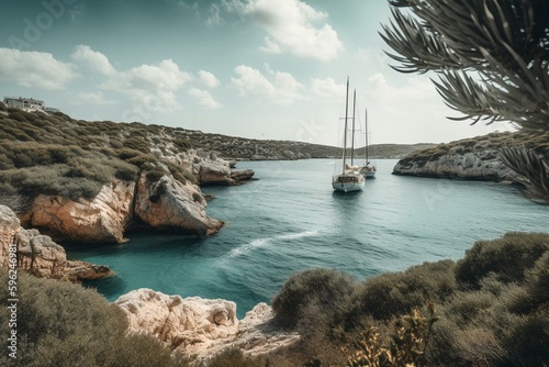 Stunning bay, sailing boats, Menorca island, Spain. Generative AI