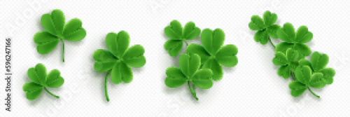 Realistic set of clover leaves isolated on transparent background. Vector illustration of 3D green four and three leaf trifoils. Symbol of good luck, chance to success. Saint Patrick Day icons png