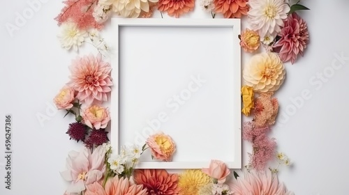 Mockup of picture frame decorated with spring flowers clean space for text on white background