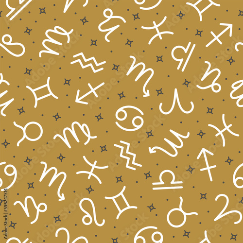Zodiac signs seamless pattern on gold metallic background, horoscope symbols repeating print for fabric, packaging, web page design. Astrology, esoteric, astrological signs vector illustration