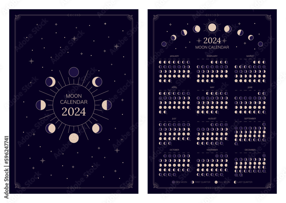 Moon calendar for 2024 year, lunar cycles planner template. Moon phases