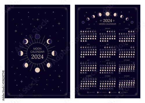 Moon calendar for 2024 year, lunar cycles planner template. Moon phases schedule, astrological lunar stages calendar banner, card, poster on dark night background vector illustration