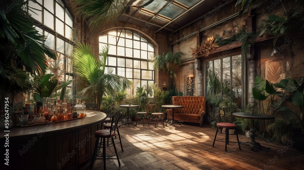 ustic and bohemian style ruin coffee house interior, AI generated 