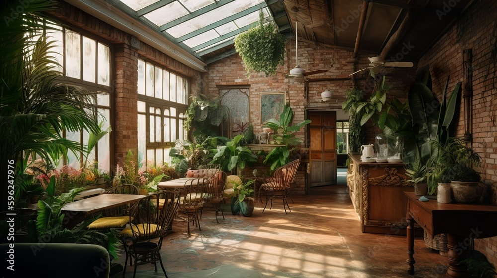 Bohemian style tropical palm house cafe interior, AI generated 
