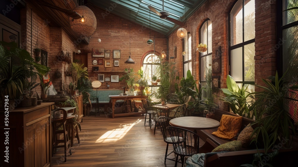 Rustic and bohemian ruin bar coffee house interior  with brick walls and plants, AI generated 