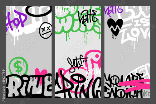 y2k urban graffiti art posters set or phone screen size background design collectoin with colorful tags, signs. Hand drawn abstract sprayed illustration vector illustration in street art style. photo