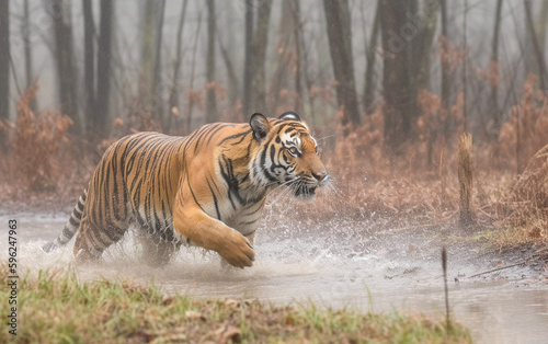 Tiger walking in rain. Generative AI.