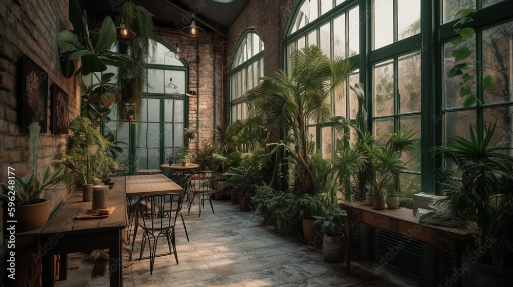 Naklejka premium Bohemian and rustic style coffee house interior, greenhouse vibe with panoramic glass windows, AI-generated