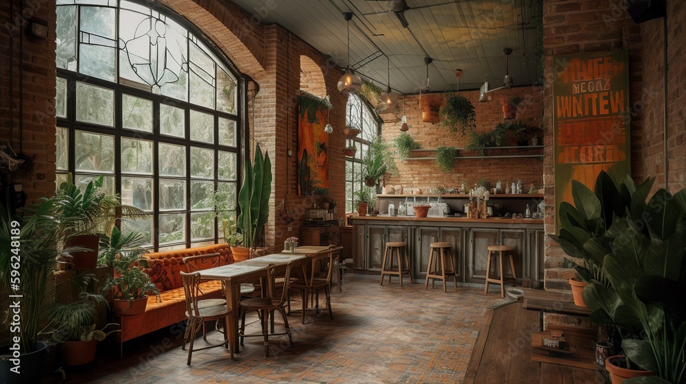 Bohemian and rustic style coffee house interior, greenhouse vibe with panoramic glass windows, AI-generated Bohemian and rustic style coffee house interior, greenhouse vibe with panoramic glass windows, AI-generated