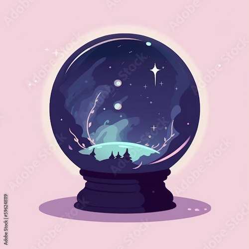 Calm and peacefull illustation of a fortune teller or medium crystal ball in pink and blue pastel tones. photo