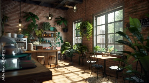 Cozy rustic and bohem cafe interior with brick wall and plants, AI generated  © Hdi