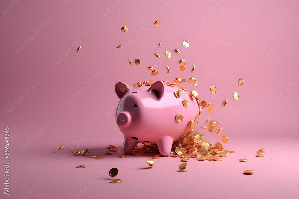 Pink piggy bank with falling gold coins. Banking concept. Saving Concept.
Generative AI. Pink piggy bank with falling gold coins. Banking concept. Saving Concept.
Generative AI.